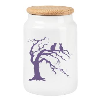 Arbre mort avec 2 silhouettes de chats - Boîte à biscuits avec couvercle en bois - blanc - Devant