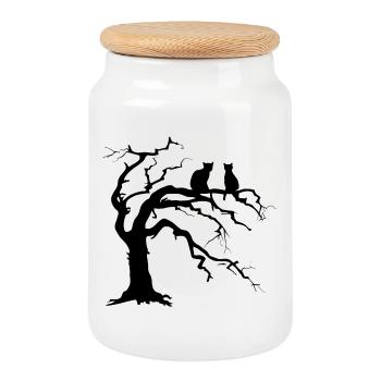 Arbre mort avec 2 silhouettes de chats - Boîte à biscuits avec couvercle en bois - blanc - Devant