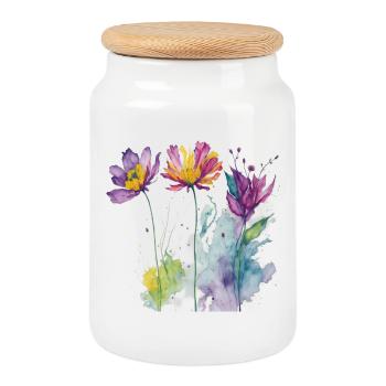 Floral watercolor - Cookie Jar with Wooden Lid - white - Front