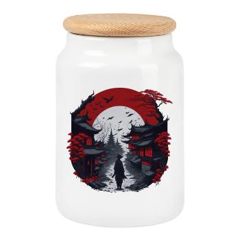 Asian village - Cookie Jar with Wooden Lid - white - Front