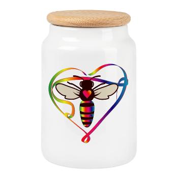 stilisierter Biene in bunter Optik und Bienen Herz - Keksdose mit Holzdeckel - Weiß - Vorne