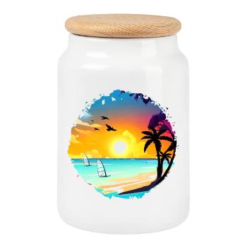 Summer Sunset Beach Watercolor - Cookie Jar with Wooden Lid - white - Front