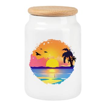 Aquarelle de plage de coucher de soleil d’été - Boîte à biscuits avec couvercle en bois - blanc - Devant