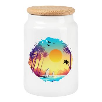 Summer Sunset Beach Watercolor - Cookie Jar with Wooden Lid - white - Front