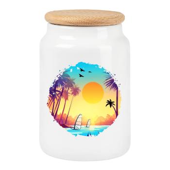 Aquarelle de plage de coucher de soleil d’été - Boîte à biscuits avec couvercle en bois - blanc - Devant