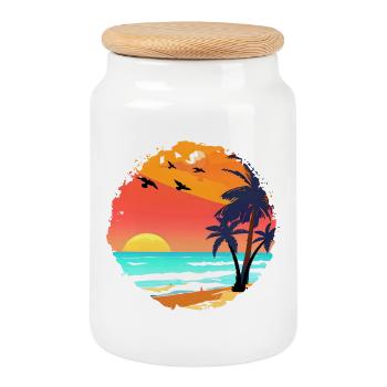 Aquarelle de plage de coucher de soleil d’été - Boîte à biscuits avec couvercle en bois - blanc - Devant
