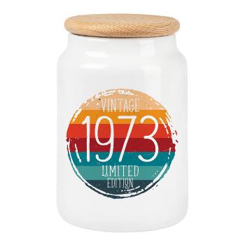 Vintage 1973 Birthday Party Gift Idea - Cookie Jar with Wooden Lid - white - Front