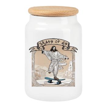 skate or die - Jesus on skateboard antique photo - Cookie Jar with Wooden Lid - white - Front