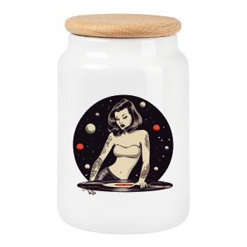 Cosmic Tattooed DJ Girl Design - Cookie Jar with Wooden Lid - white - Front