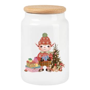 Adorable Cute Christmas Elf with Gifts - Cookie Jar with Wooden Lid - white - Front