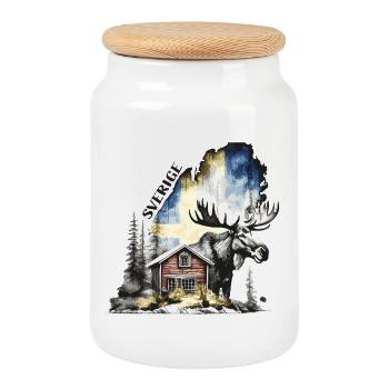 Sverige - Suède - Moose - Maison de la Suède - Boîte à biscuits avec couvercle en bois - blanc - Devant
