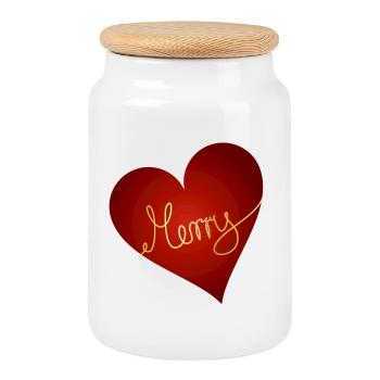 leuchtend rotes Herz mit goldfarbener Innschrift - Keksdose mit Holzdeckel - Weiß - Vorne