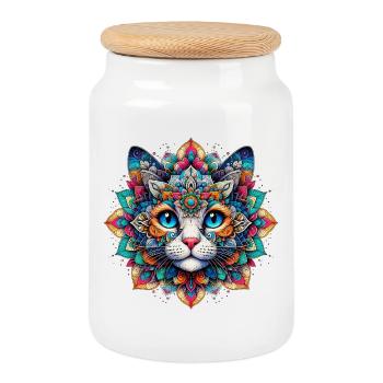Cat decorated with Mandalas - Cookie Jar with Wooden Lid - white - Front
