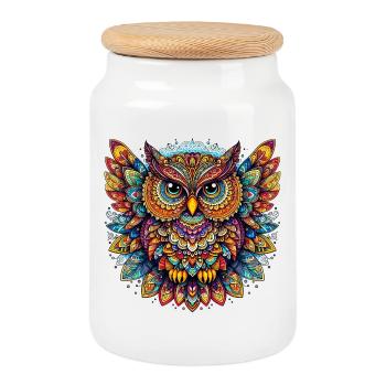 Eule mit Mandalas verziert - Keksdose mit Holzdeckel - Weiß - Vorne