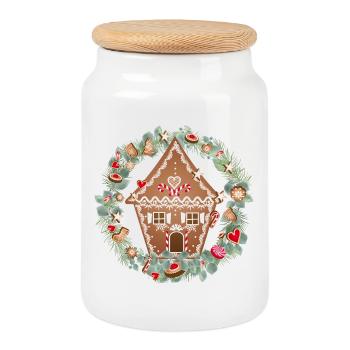 Gingerbread house in eucalyptus wreath for Christmas - Cookie Jar with Wooden Lid - white - Front