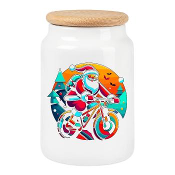 Santa Neon Bike Ride - Cookie Jar with Wooden Lid - white - Front