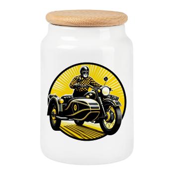 Conducteur de side-car au soleil - Boîte à biscuits avec couvercle en bois - blanc - Devant