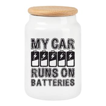 Ma voiture fonctionne sur batteries eCar Voiture électrique - Boîte à biscuits avec couvercle en bois - blanc - Devant
