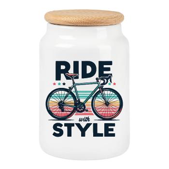 Ride with Style Bicycle Design - Cookie Jar with Wooden Lid - white - Front
