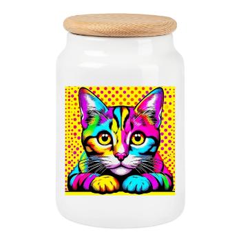Katze Pop Art - Keksdose mit Holzdeckel - Weiß - Vorne