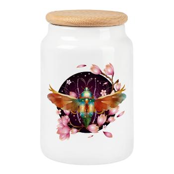 bunt schimmerndes Insekt mit Flügel und Magnolien - Keksdose mit Holzdeckel - Weiß - Vorne
