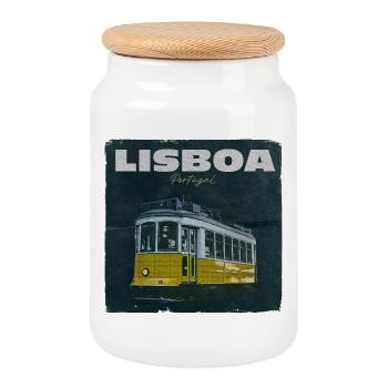 Lisbon Yellow Tram Retro - Cookie Jar with Wooden Lid - white - Front