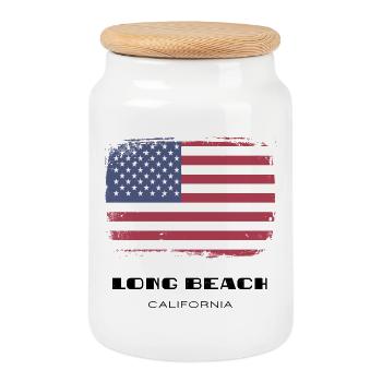 Long Beach, California, USA - Cookie Jar with Wooden Lid - white - Front