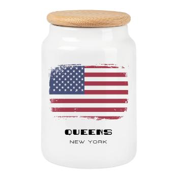 Queens, New York, USA - Cookie Jar with Wooden Lid - white - Front