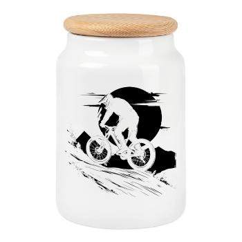 Cyclist Illustration - Cookie Jar with Wooden Lid - white - Front