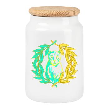 Couronne de laurier chat tigre léopard - Boîte à biscuits avec couvercle en bois - blanc - Devant
