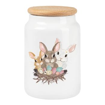 famille de lapins de Pâques mignons avec des œufs de Pâques pastel - Boîte à biscuits avec couvercle en bois - blanc - Devant
