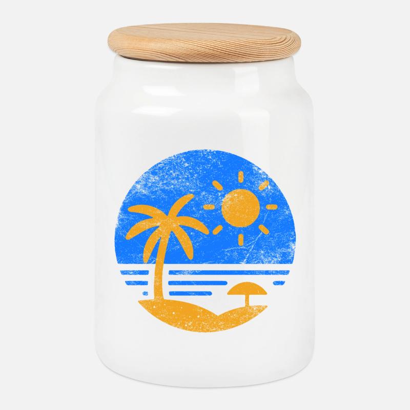 Plage Vintage Bleu Orange - Boîte à biscuits avec couvercle en bois - blanc