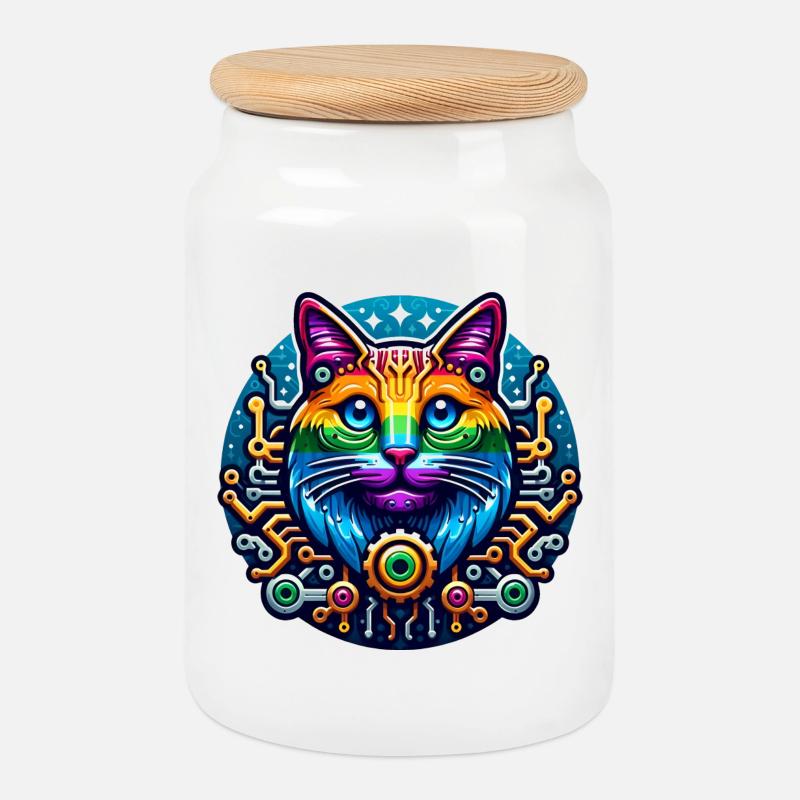 Mechanical Rainbow Cat - Cookie Jar with Wooden Lid - white