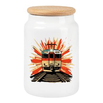 Railroad Illustration - Cookie Jar with Wooden Lid - white - Front
