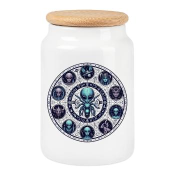 Alien Zodiac Wheel Design - Cookie Jar with Wooden Lid - white - Front