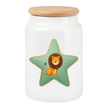 Cute Baby Lion on Star Jungle Child - Cookie Jar with Wooden Lid - white - Front