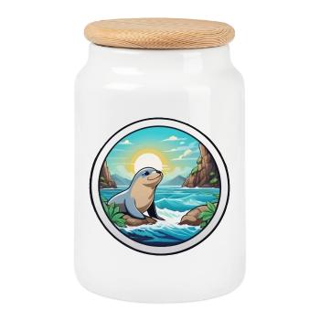 Petit phoque sur la côte - Boîte à biscuits avec couvercle en bois - blanc - Devant