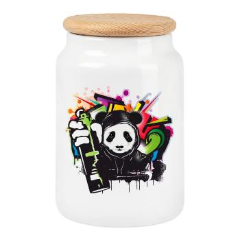 witziger Panda Bär mit Graffiti und Spraydose - Keksdose mit Holzdeckel - Weiß - Vorne