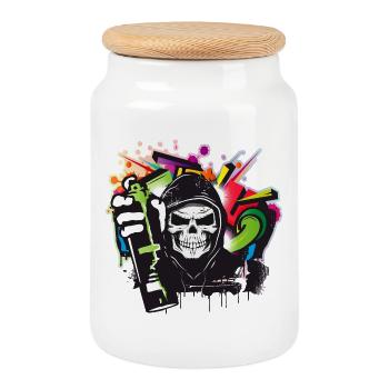 colorful graffiti and skull with hoodie and spray can - Cookie Jar with Wooden Lid - white - Front