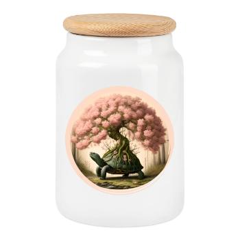 Tortue avec un bonsaï sur sa carapace - Boîte à biscuits avec couvercle en bois - blanc - Devant
