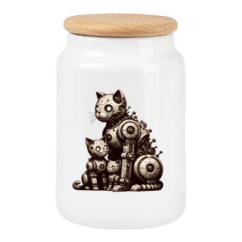 Charming vintage illustration of a cat family - Cookie Jar with Wooden Lid - white - Front