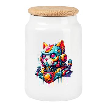 Cat designed as a robot in comic graffiti style - Cookie Jar with Wooden Lid - white - Front