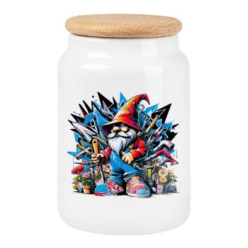Colorful, living garden gnome surrounded by tools - Cookie Jar with Wooden Lid - white - Front