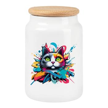 colorful cat designed in comic graffiti style - Cookie Jar with Wooden Lid - white - Front