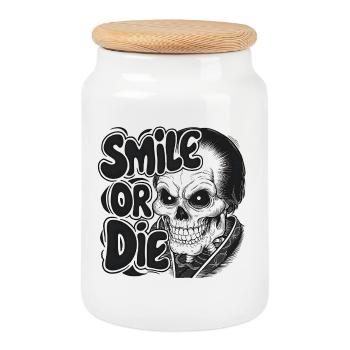 Vampire Skeleton with Text Smile or Die - Cookie Jar with Wooden Lid - white - Front