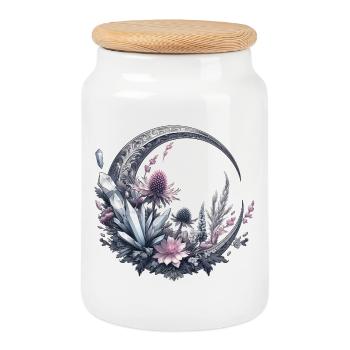 Crescent Moon in Silver, with Crystals and Flowers - Cookie Jar with Wooden Lid - white - Front