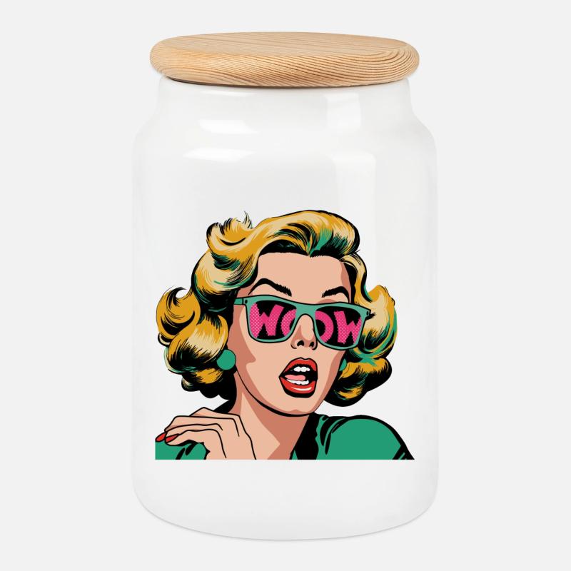 Pop Art WOW-Porträt mit glitzernder Sonnenbrille - Keksdose mit Holzdeckel - Weiß