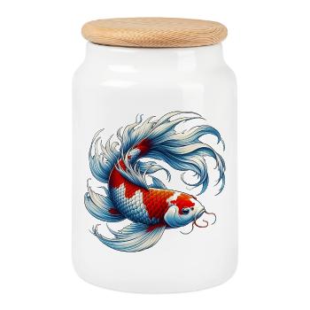 Japanese Japanese Koi Carpfish - Cookie Jar with Wooden Lid - white - Front