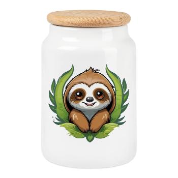 Cute sloth lying between green leaves - Cookie Jar with Wooden Lid - white - Front