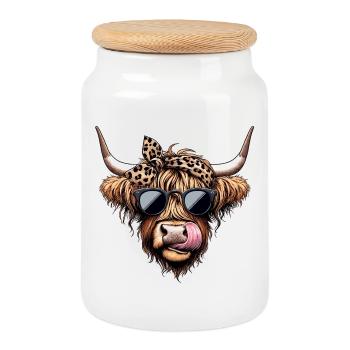 Rockabilly Highland Beef - Stylish and Cool - Cookie Jar with Wooden Lid - white - Front